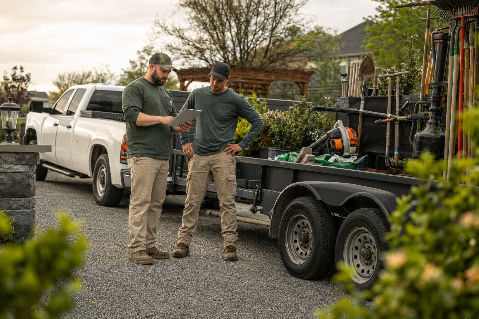 Landscaping company owner and crew leader reviewing a job beside their work truck